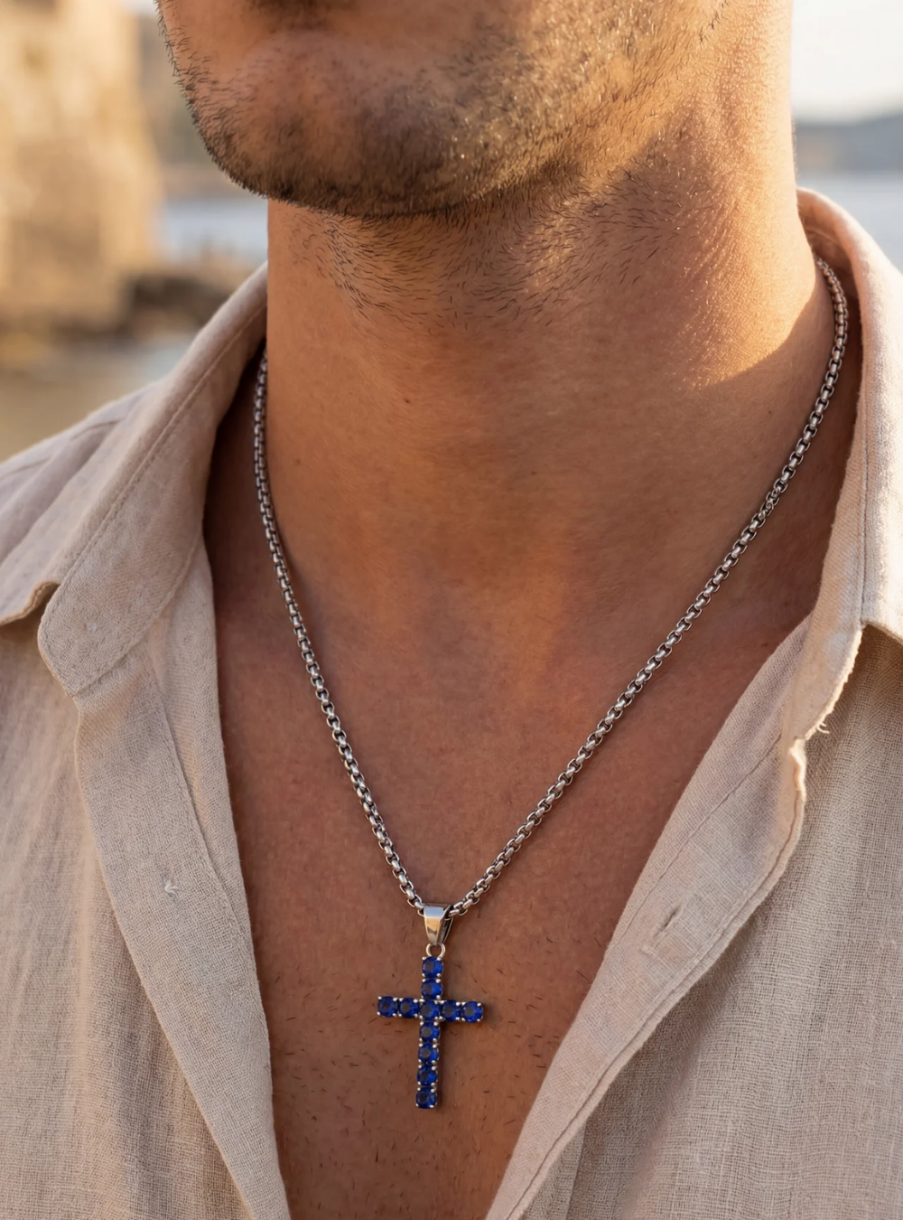 Bruce & Co Blue Zirconia Cross Pendant Necklace, Silver-Tone, 60 cm