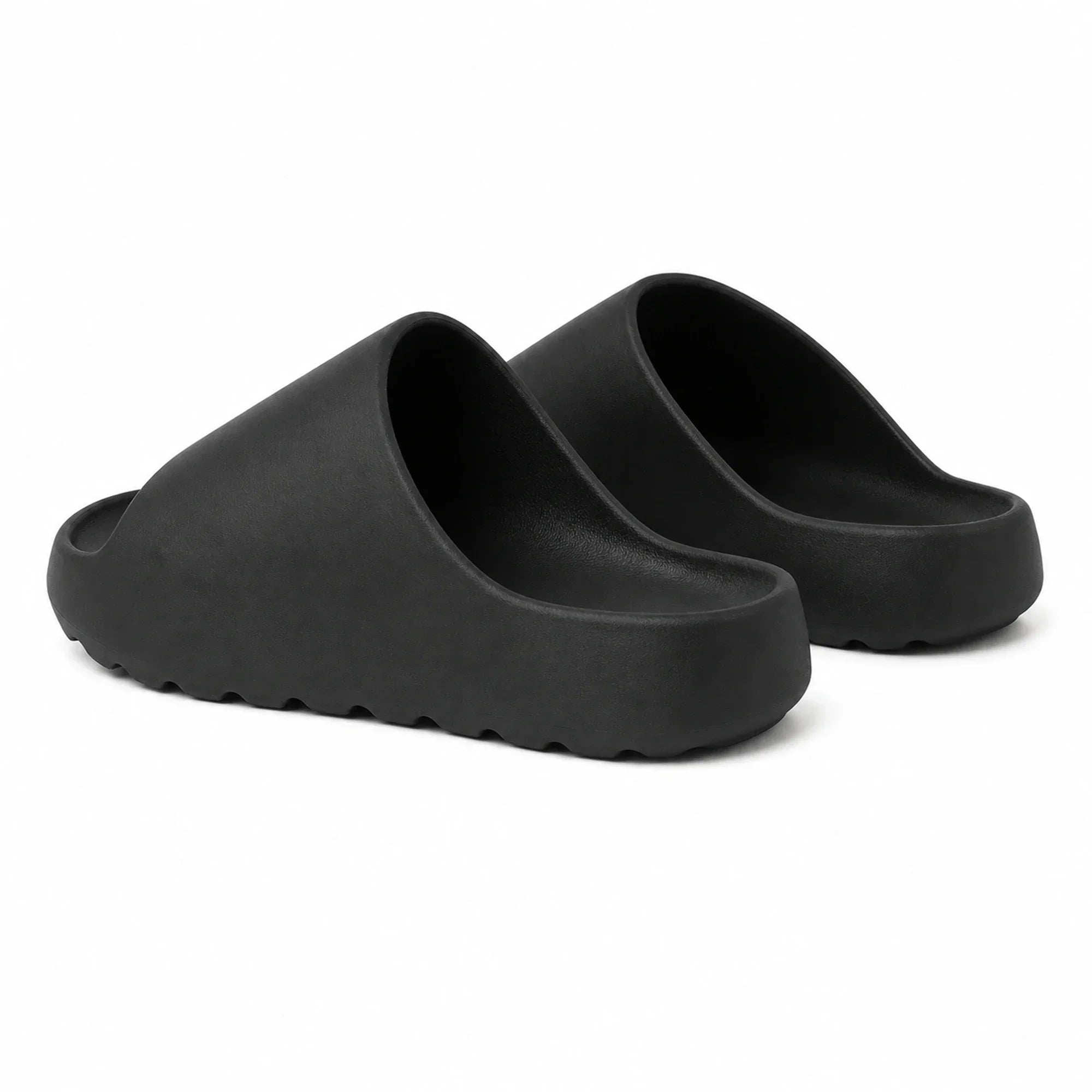 Black EVA platform slide slippers rear view on white