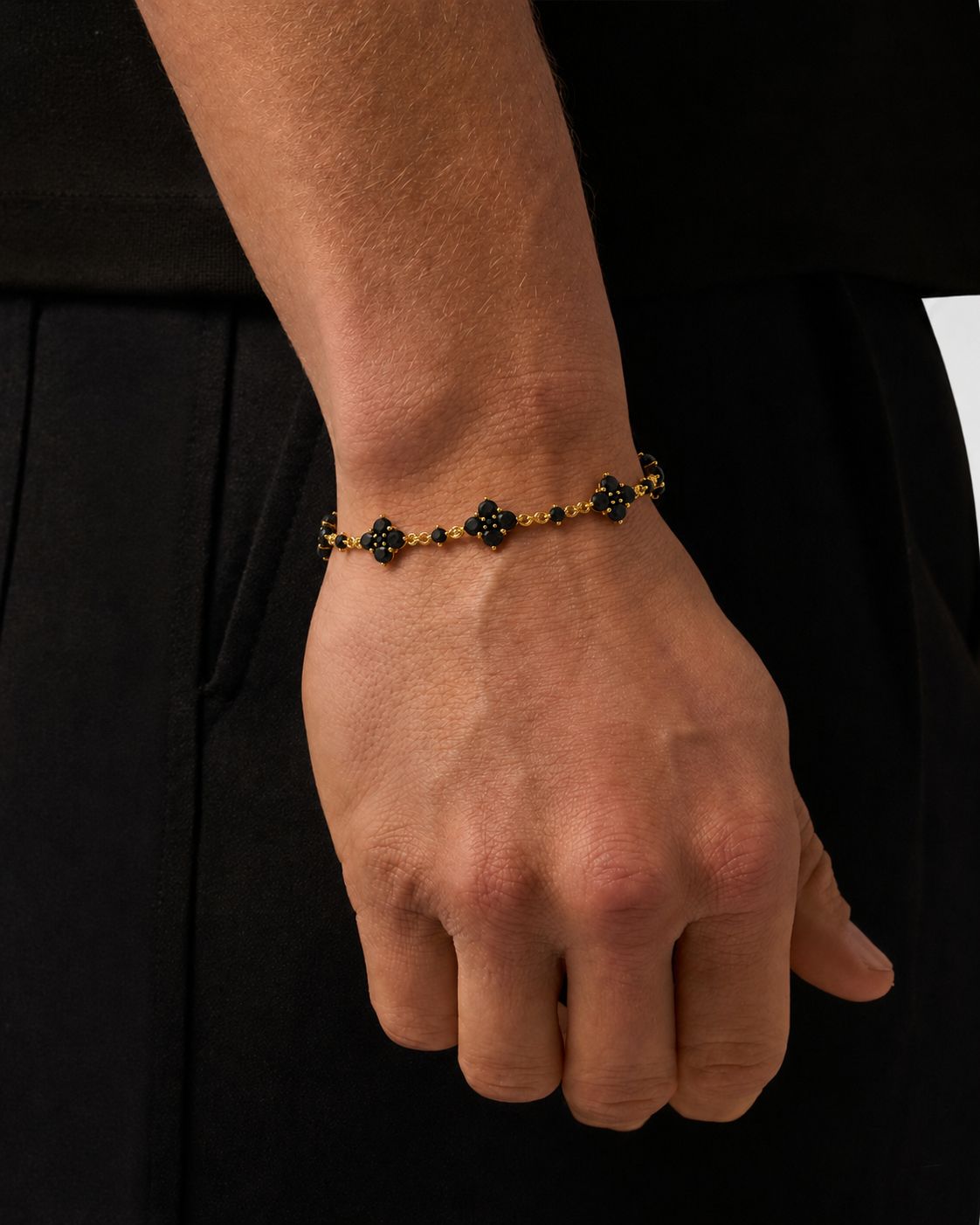 Bruce & Co Black Zircon Clover Bracelet, Gold-Plated Copper, Adjustable