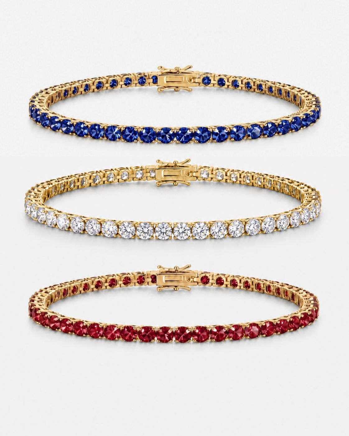 Bruce & Co Men’s Red White Blue Tennis Bracelet Set, 3 Pieces, 14K Gold-Plated