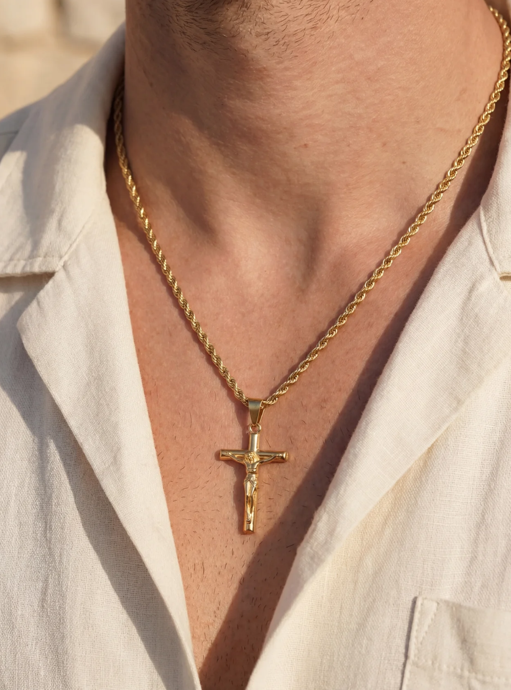Bruce & Co Men’s Crucifix Pendant Rope Necklace, Gold-Tone Steel