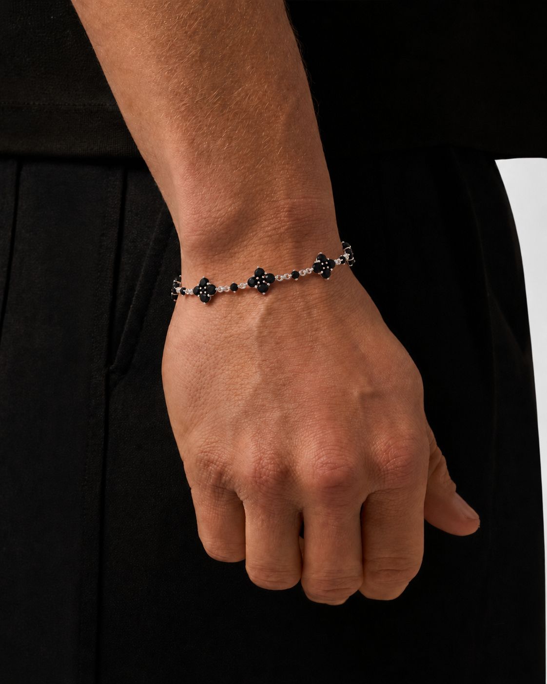 Bruce & Co Black Zircon Clover Bracelet, Silver-Plated Copper, Adjustable