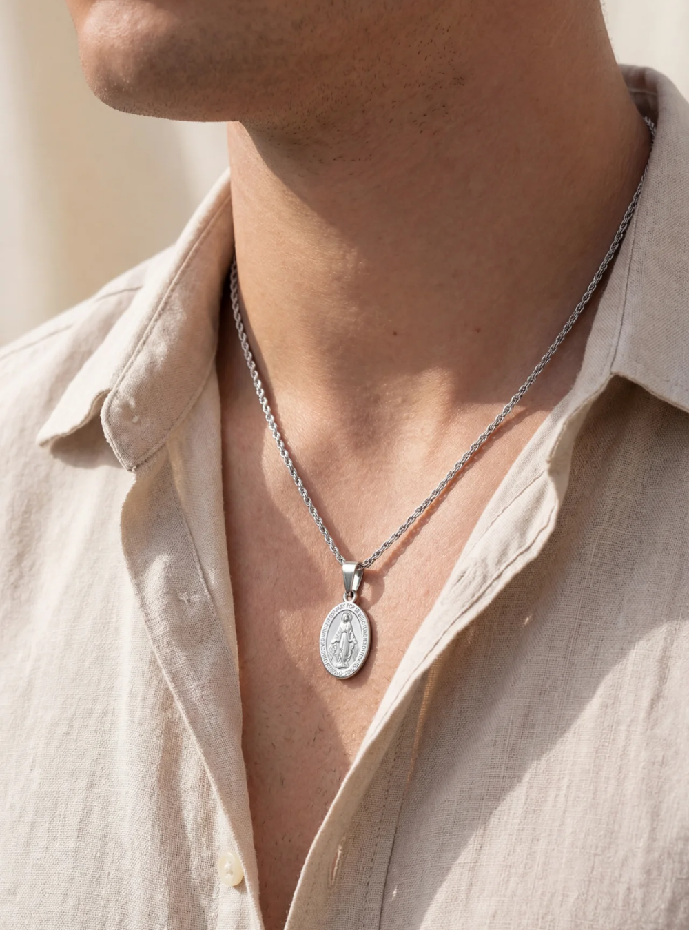 Bruce & Co Virgin Mary Medallion Necklace, Silver-Plated Steel