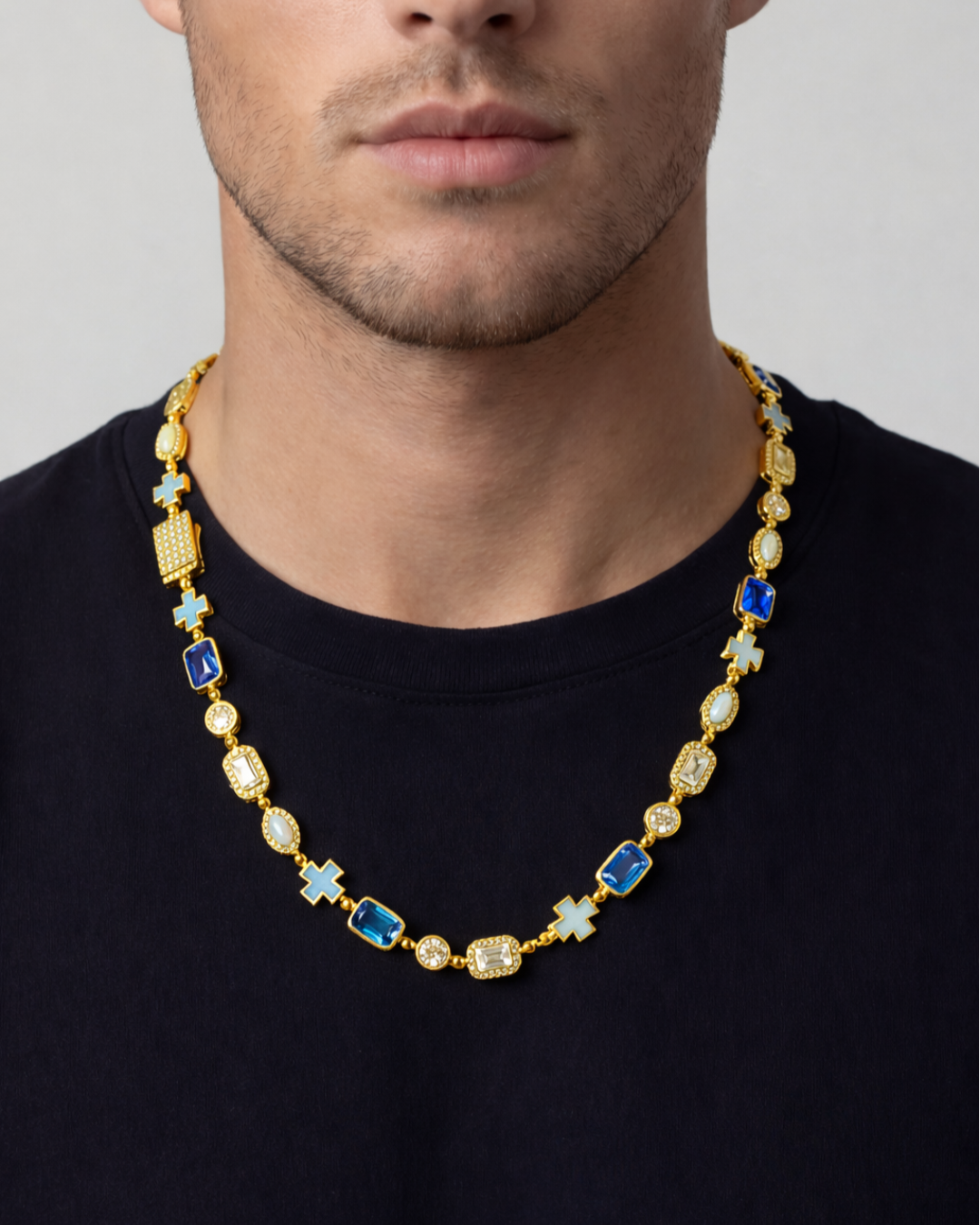 Bruce & Co Royal Azure – Men’s Blue and Clear Mosaic Necklace, 6 mm, 18K Gold-Plated