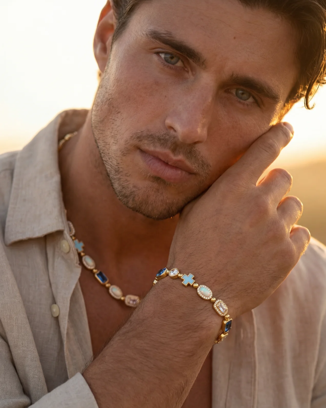 Bruce & Co Royal Azure – Men’s Blue and Clear Mosaic Necklace, 6 mm, 18K Gold-Plated