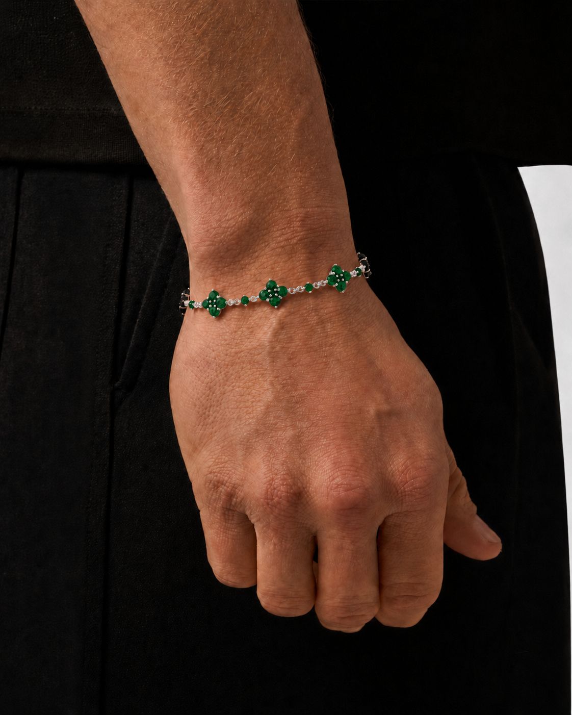 Bruce & Co Green Zircon Clover Bracelet, Silver-Plated Copper, Adjustable