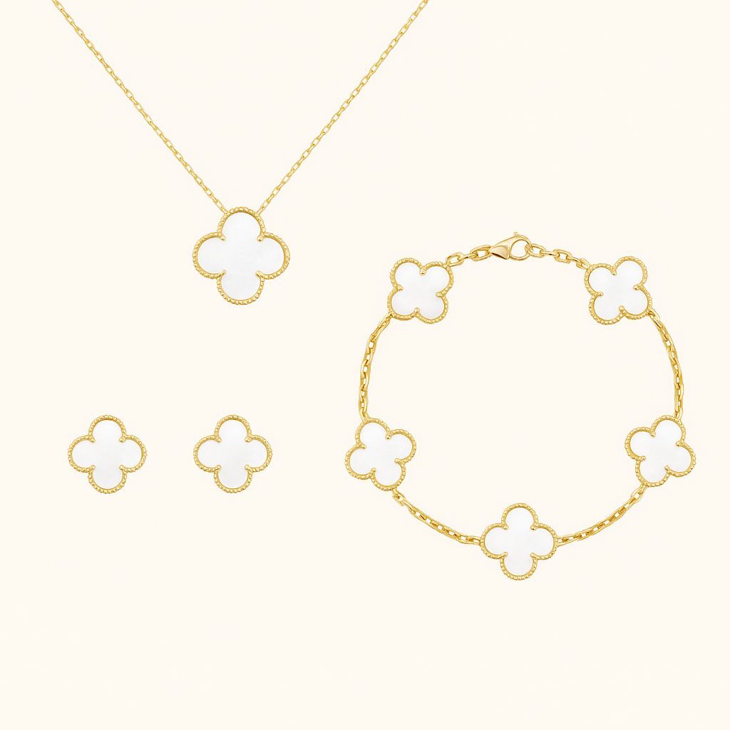 Bruce & Co White Clover Necklace Bracelet Earrings Set