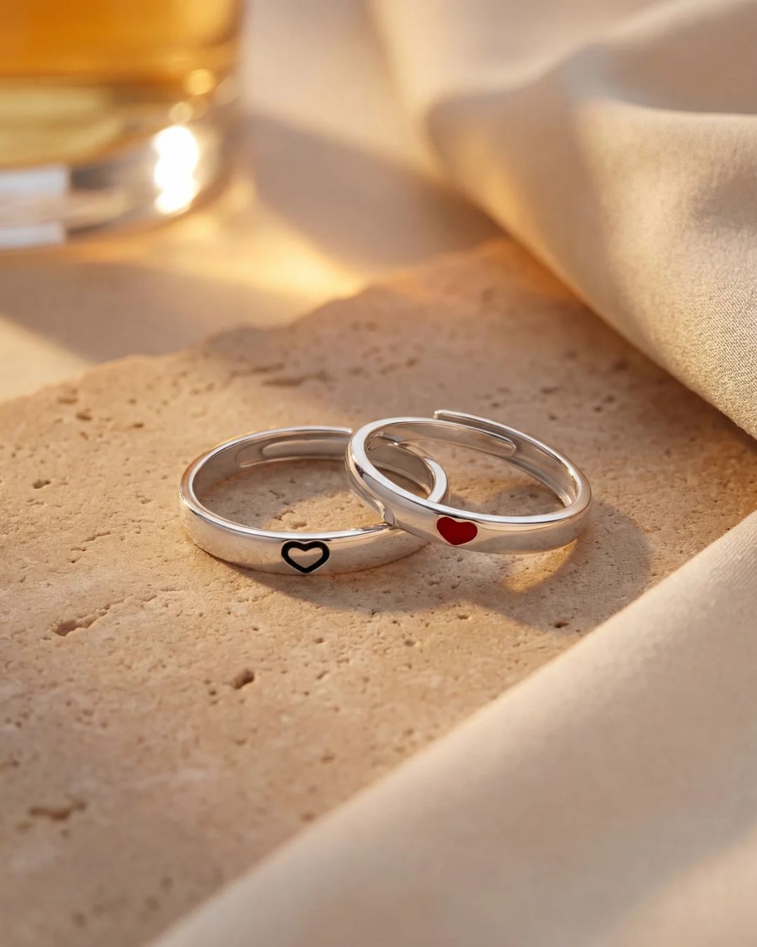 Adjustable Heart Ring Set, 2 Pieces, Silver-Plated Steel