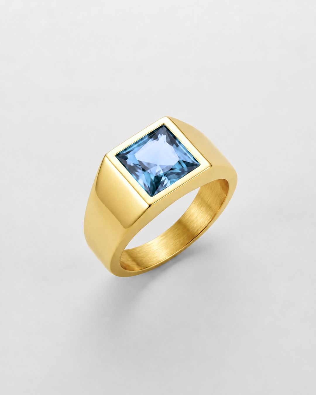 Bruce & Co Men’s Aqua Blue Zirconia Square Signet Ring, Gold-Tone