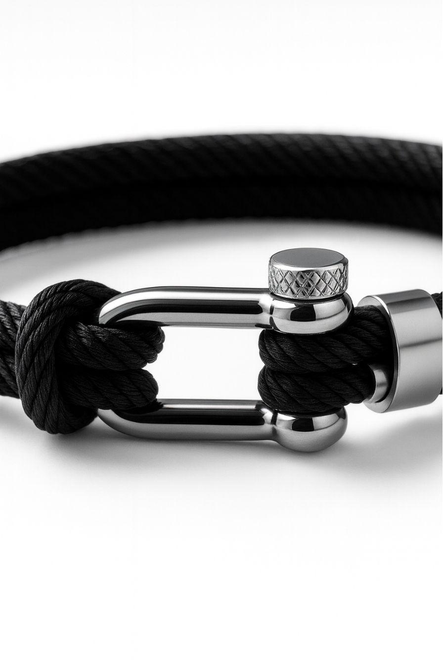 Bruce & Co Men’s Black Braided Nylon Rope Bracelet with Steel Shackle