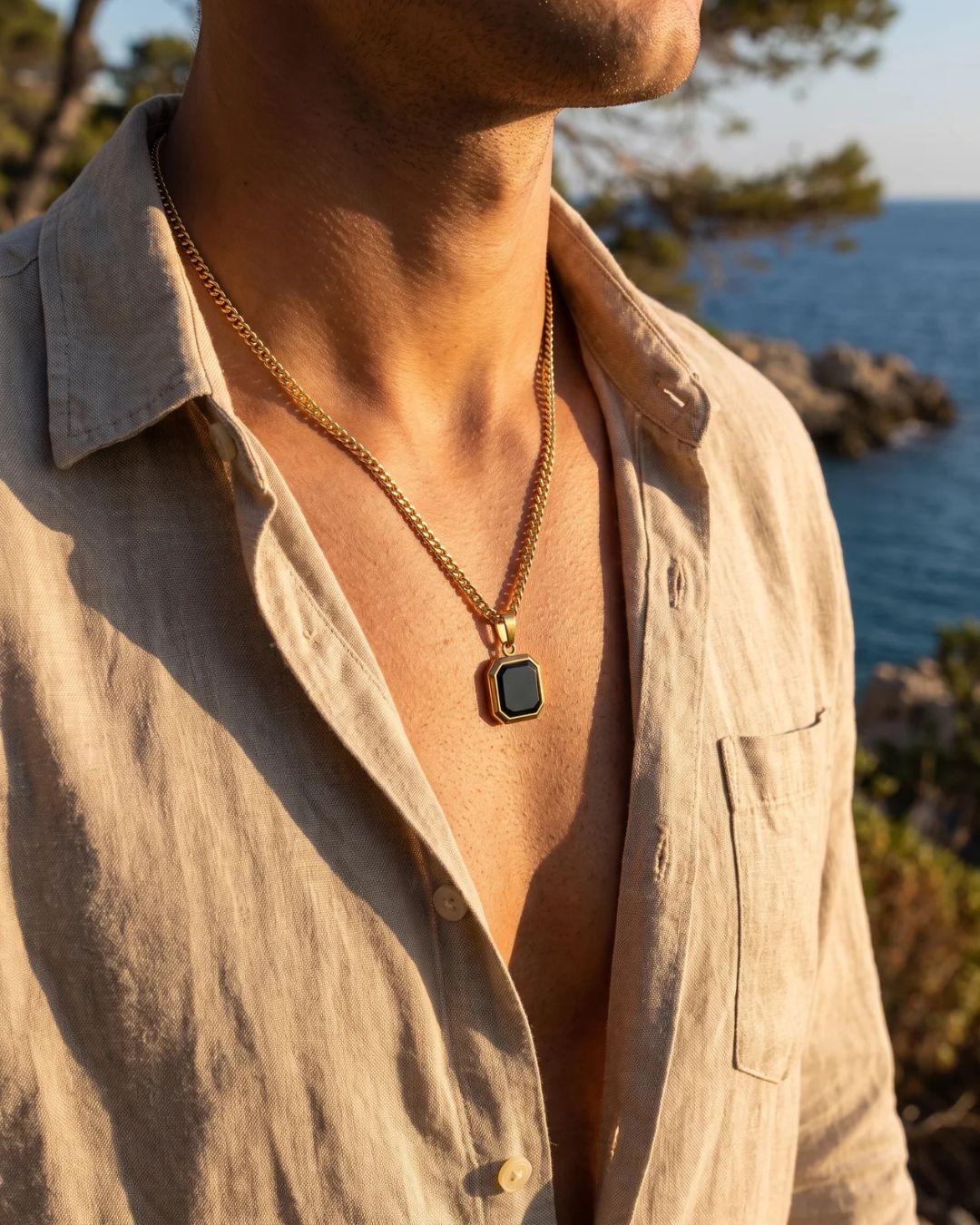 Bruce & Co Men’s Black Inlay Pendant Necklace, 14K Gold-Plated Steel