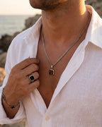 Bruce & Co Men’s Black Inlay Pendant Necklace, Silver-Plated Steel