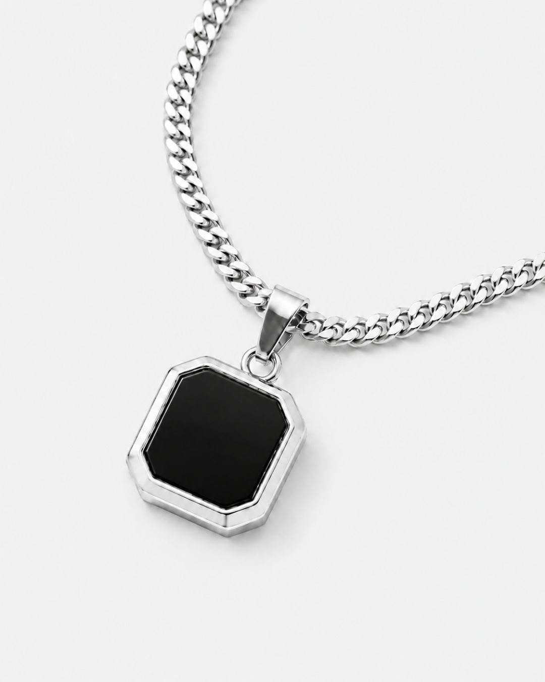 Bruce & Co Men’s Black Inlay Pendant Necklace, Silver-Plated Steel