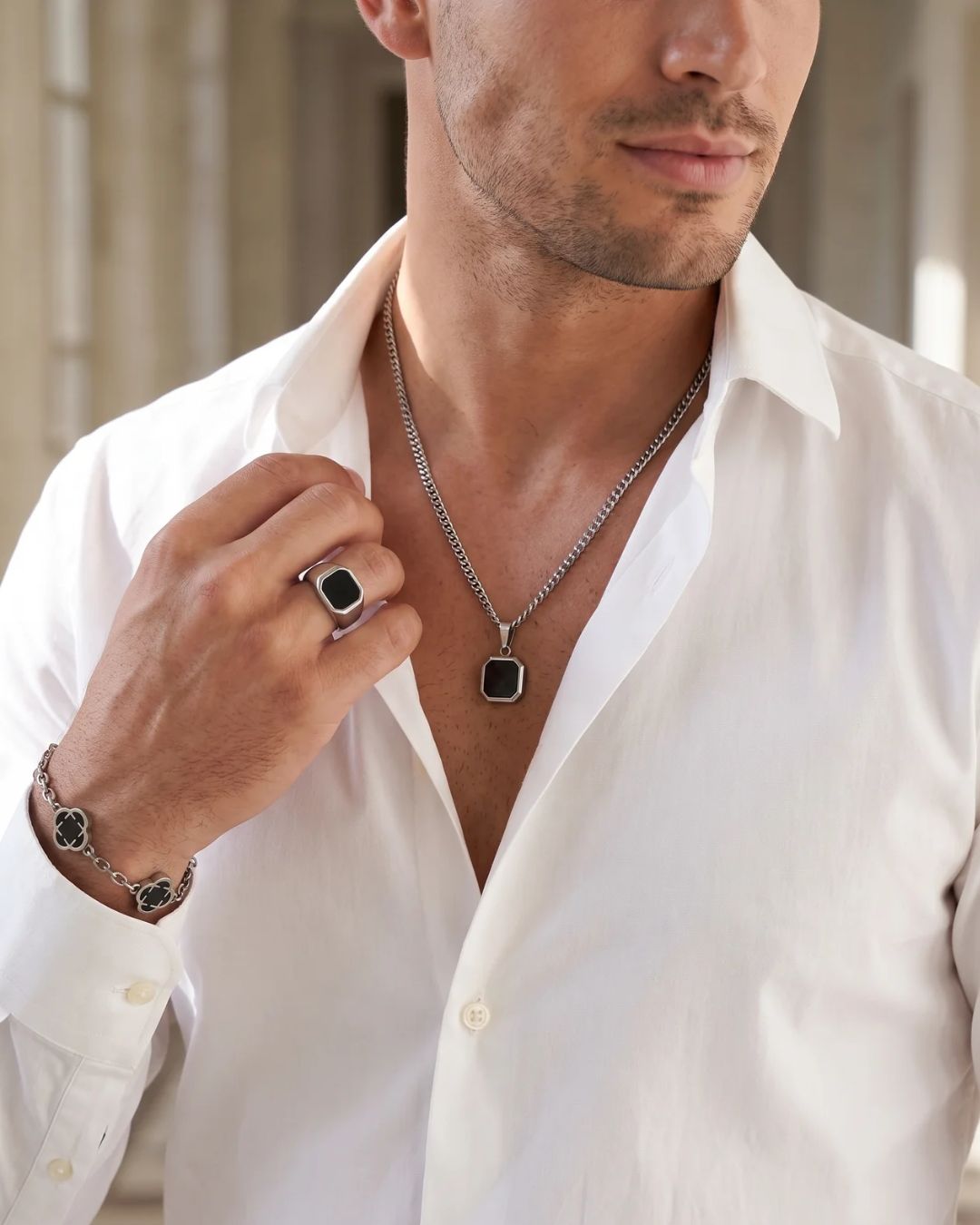Bruce & Co Men’s Black Inlay Pendant Necklace, Silver-Plated Steel