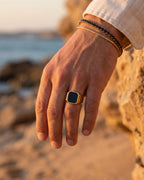 Bruce & Co Men’s Black Inlay Signet Ring, Gold-Plated Steel, US 7–13