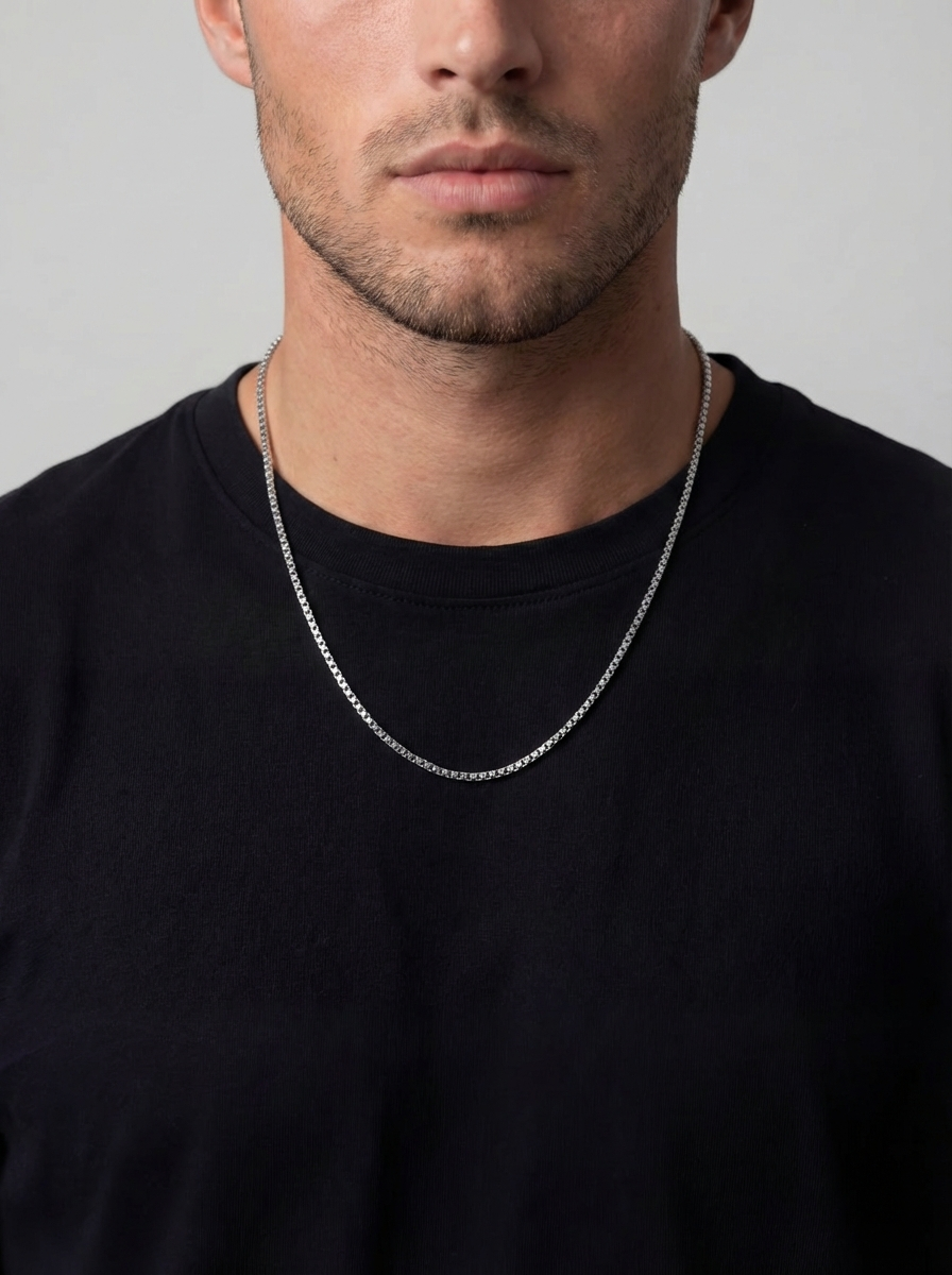 Bruce & Co Men’s Square-Link Box Necklace, 55 cm, Platinum-Plated Steel