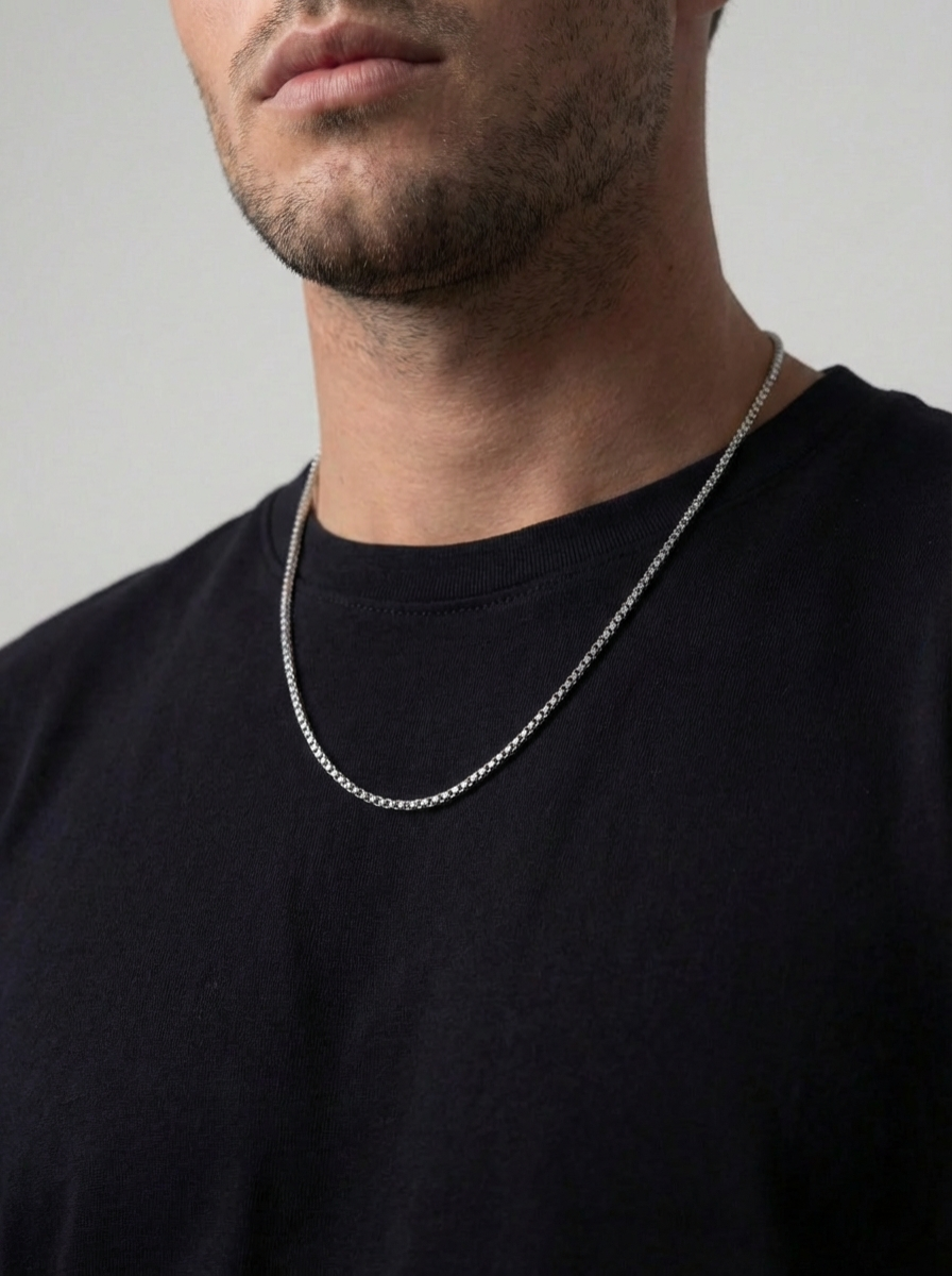 Bruce & Co Men’s Square-Link Box Necklace, 55 cm, Platinum-Plated Steel
