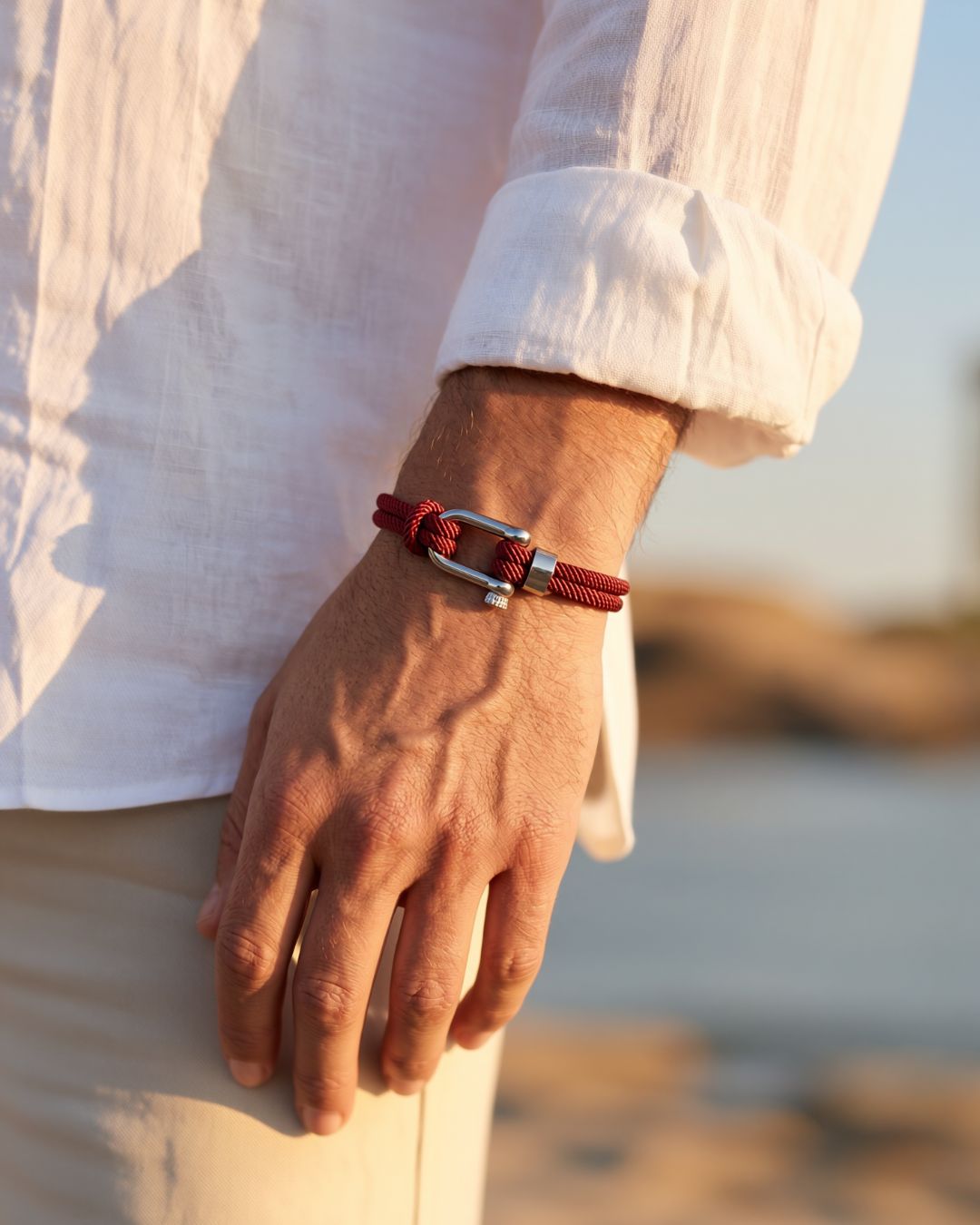 Bruce & Co Men’s Burgundy Braided Nylon Rope Bracelet with Steel Shackle