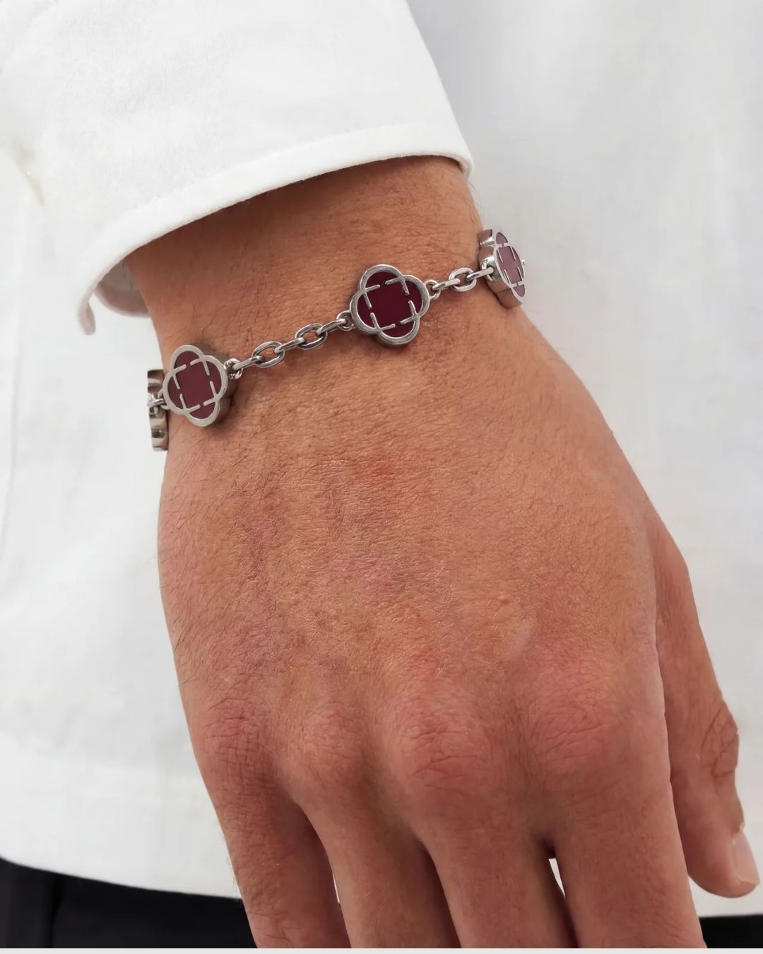 Bruce & Co Burgundy Clover Charm Bracelet, Silver-Plated Stainless Steel