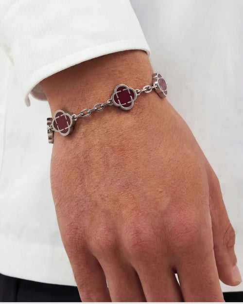 Bruce & Co Burgundy Clover Charm Bracelet, Silver-Plated Stainless Steel