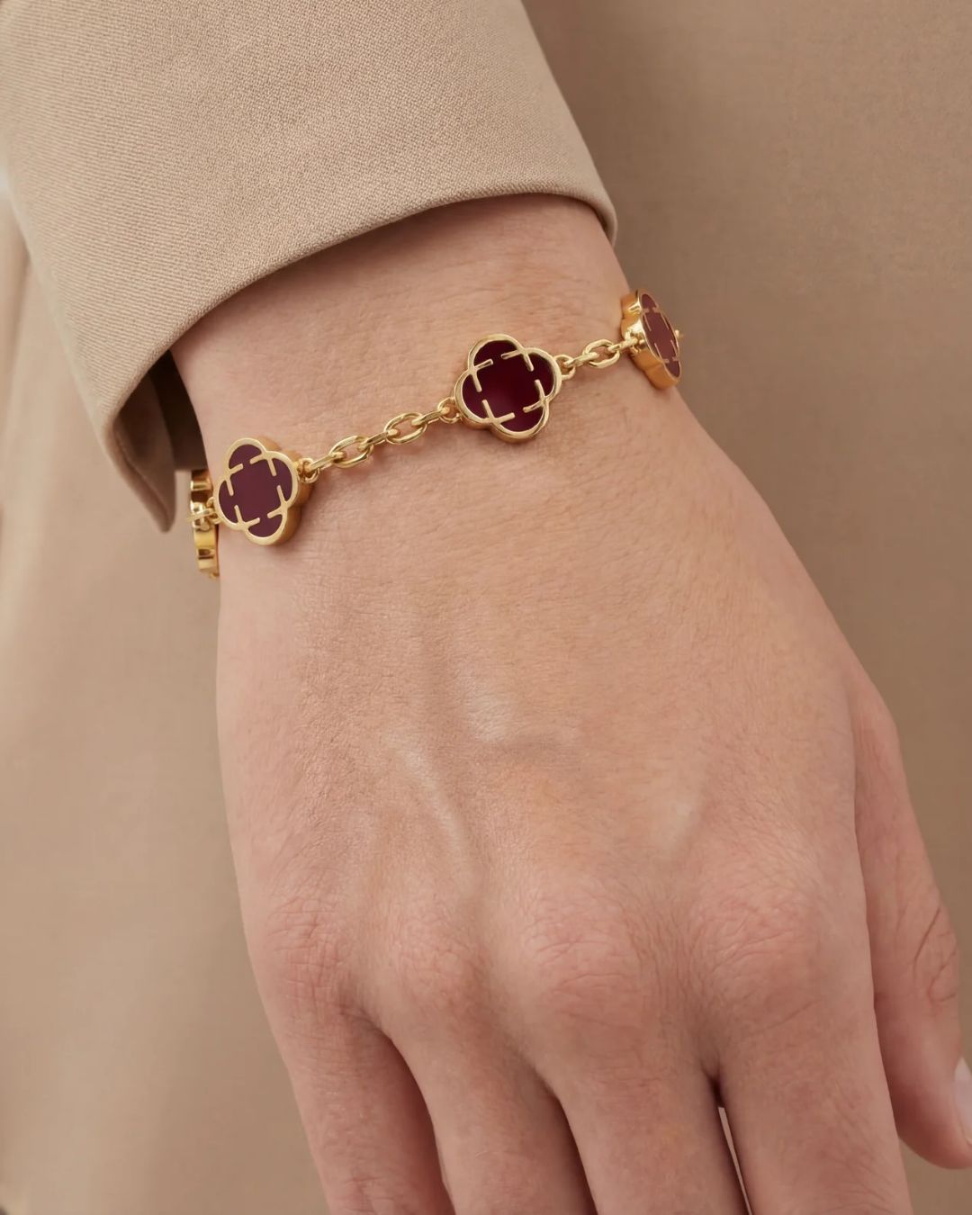 Bruce & Co Burgundy Clover Charm Bracelet, Gold-Plated Stainless Steel