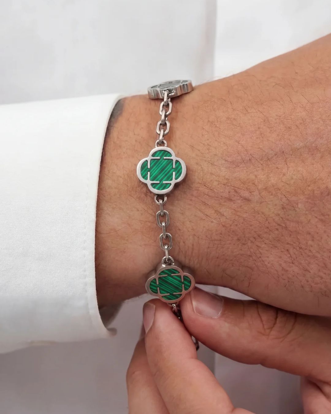 Bruce & Co Green Clover Charm Bracelet, Silver-Plated Stainless Steel