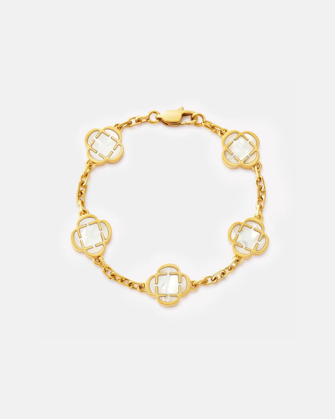 Bruce & Co Pearl-White Clover Charm Bracelet, Gold-Plated Stainless Steel