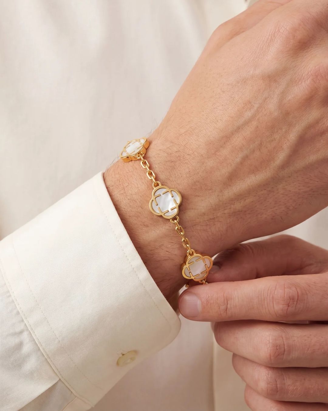 Bruce & Co Pearl-White Clover Charm Bracelet, Gold-Plated Stainless Steel
