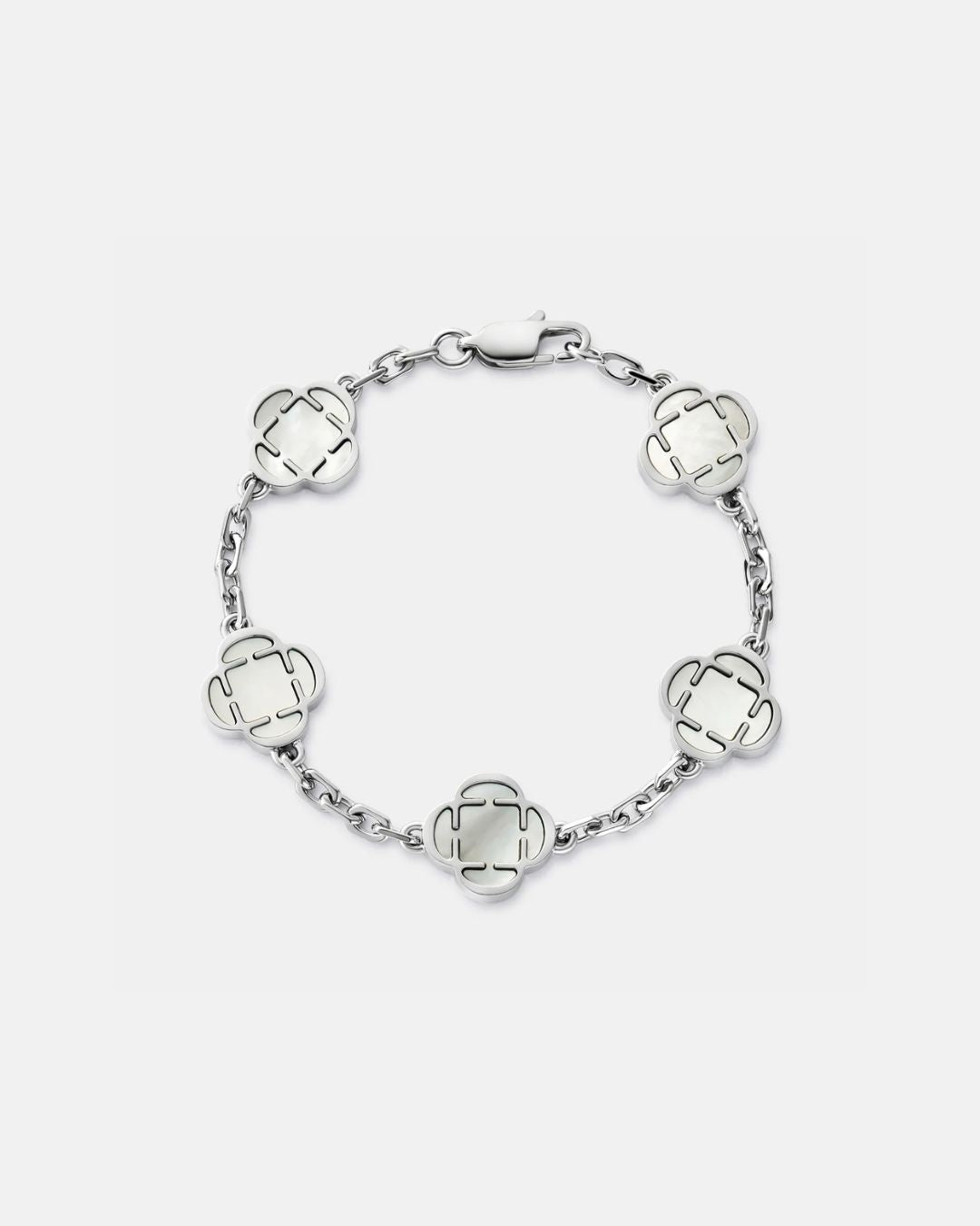 Bruce & Co Pearl-White Clover Charm Bracelet, Silver-Plated Stainless Steel