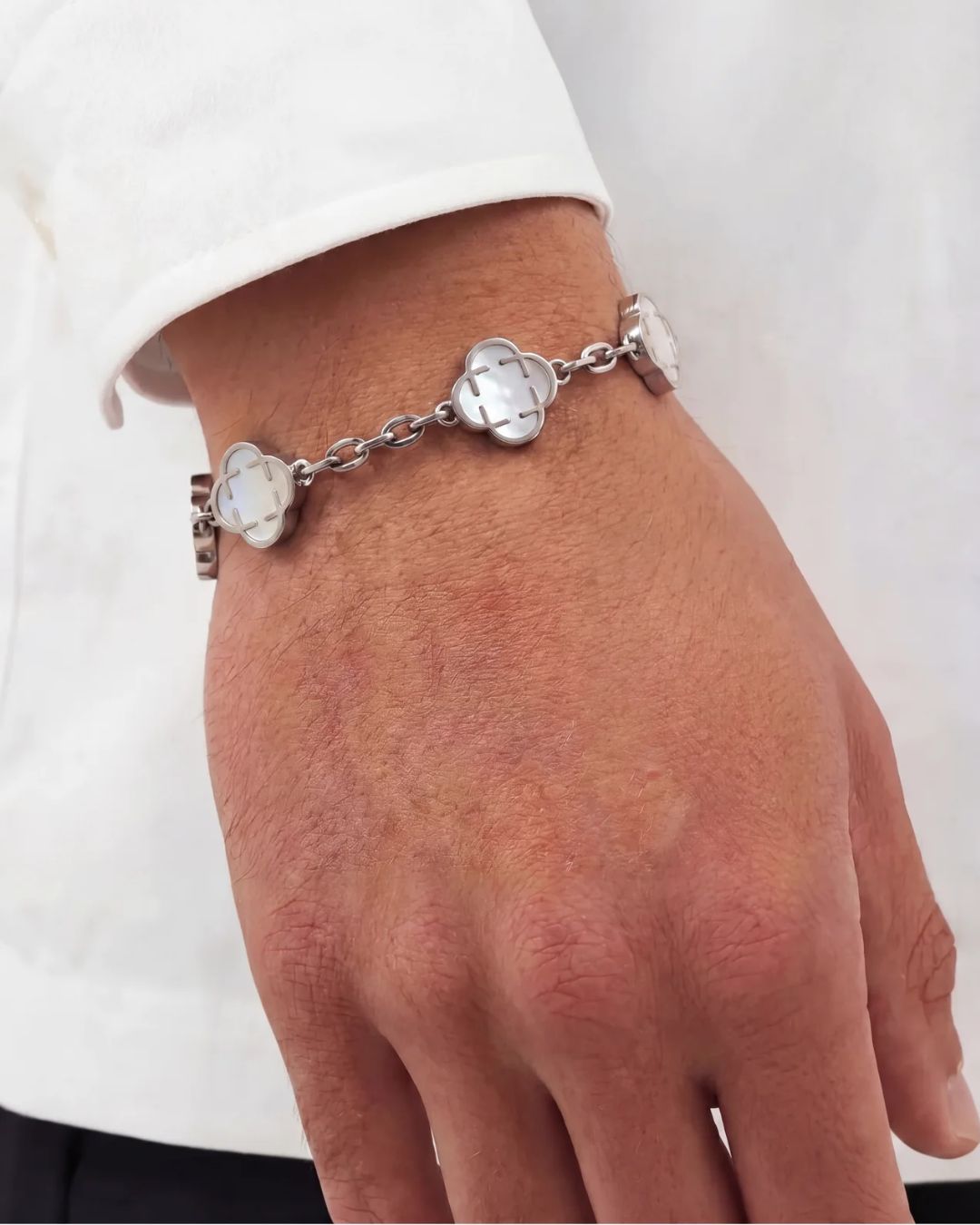 Bruce & Co Pearl-White Clover Charm Bracelet, Silver-Plated Stainless Steel