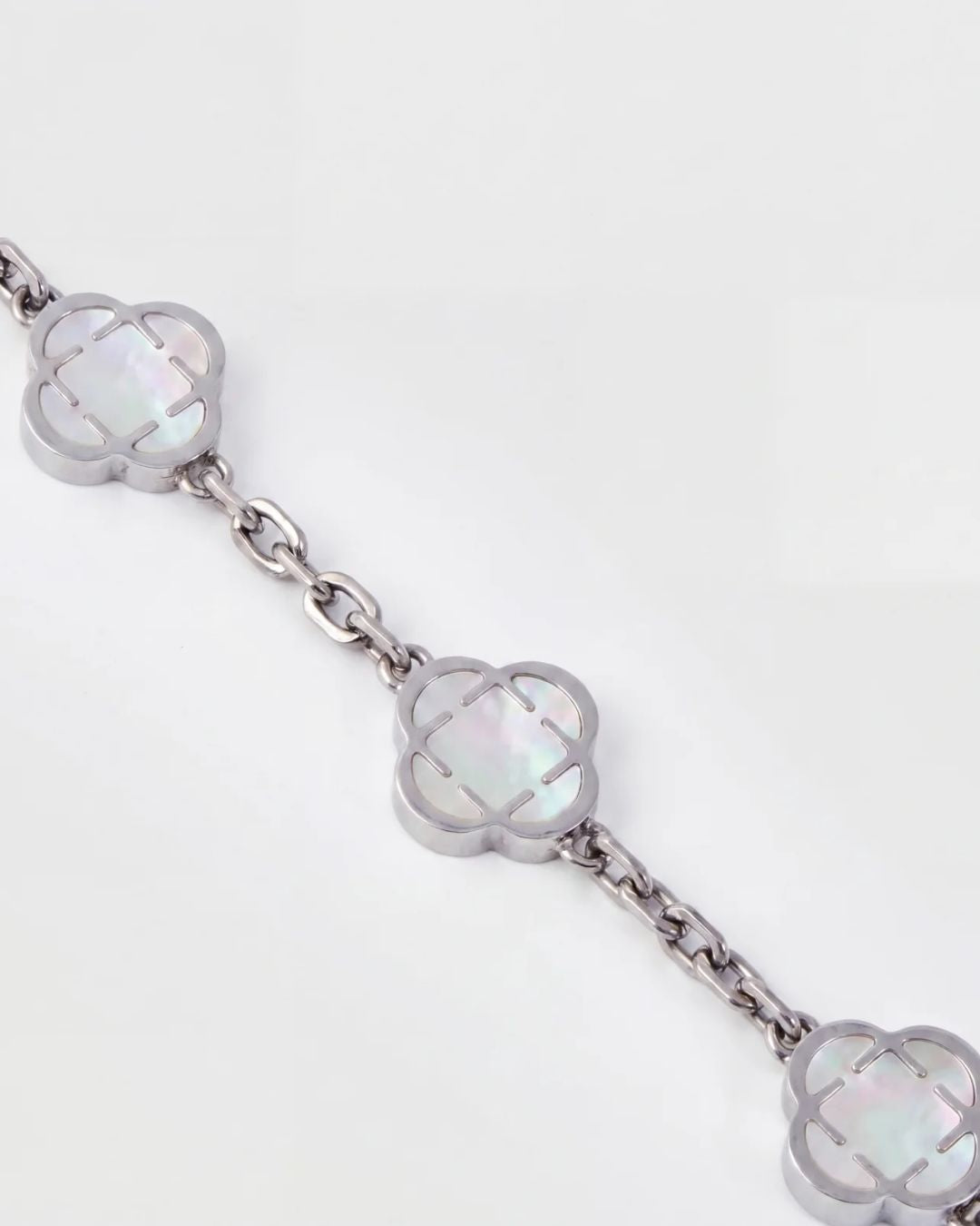 Bruce & Co Pearl-White Clover Charm Bracelet, Silver-Plated Stainless Steel