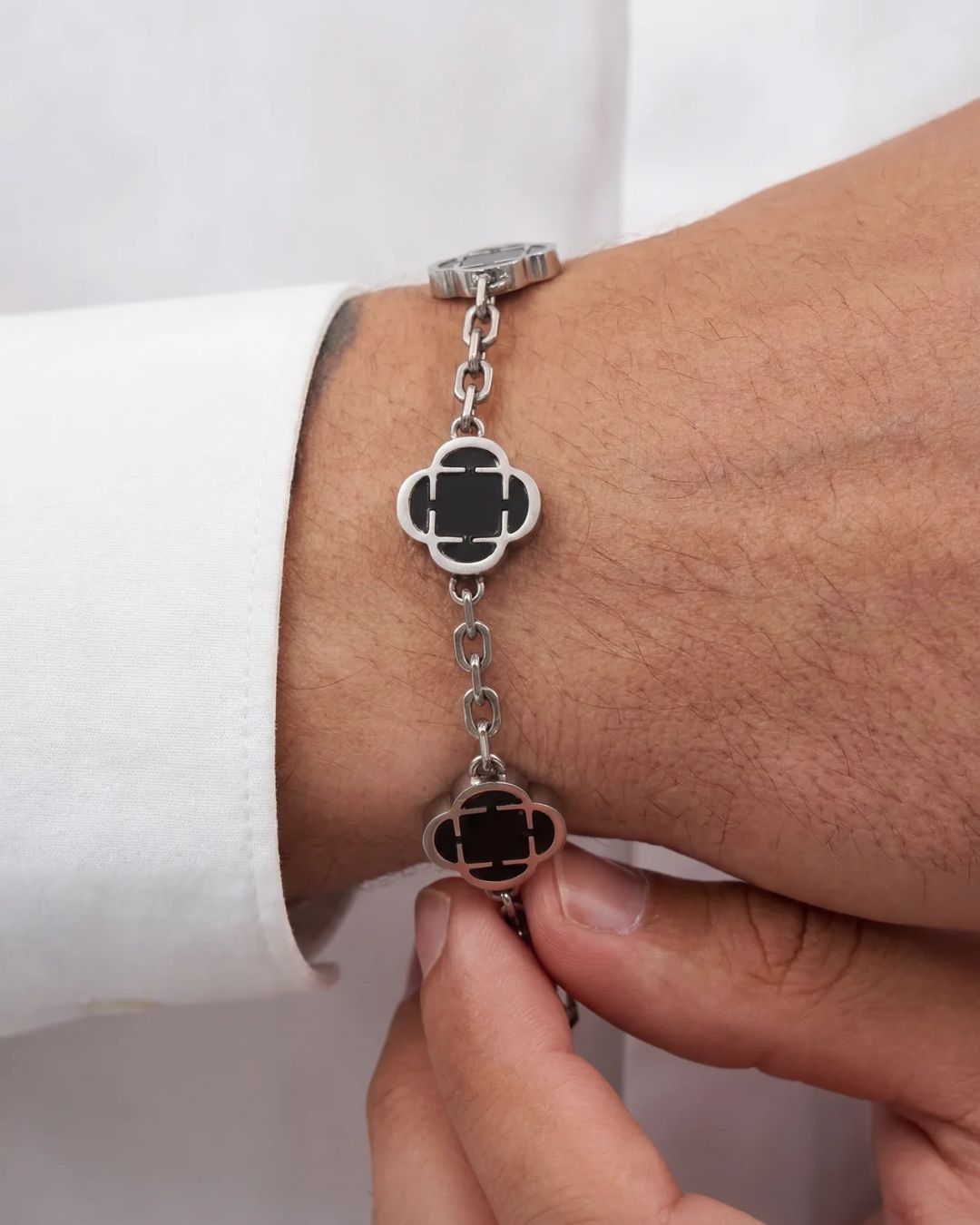 Bruce & Co Black Clover Charm Bracelet, Silver-Plated Stainless Steel