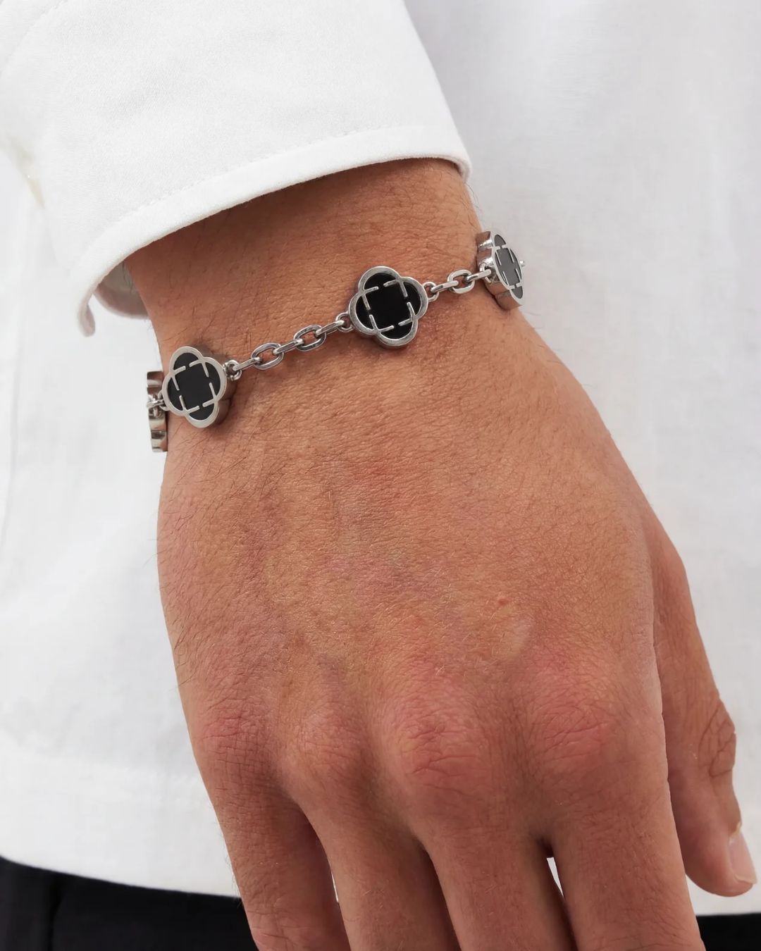 Bruce & Co Black Clover Charm Bracelet, Silver-Plated Stainless Steel