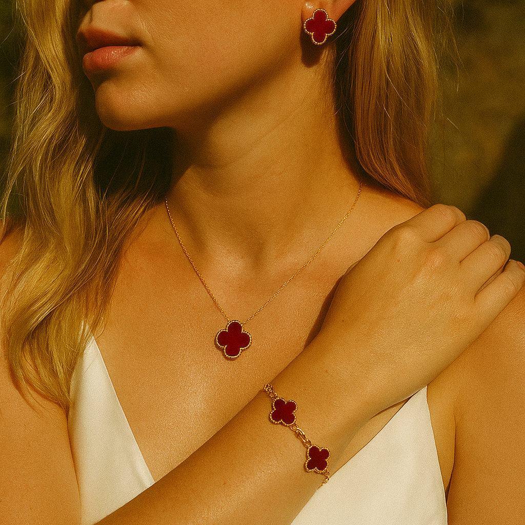 Bruce & Co Red Clover Necklace Bracelet Earrings Set