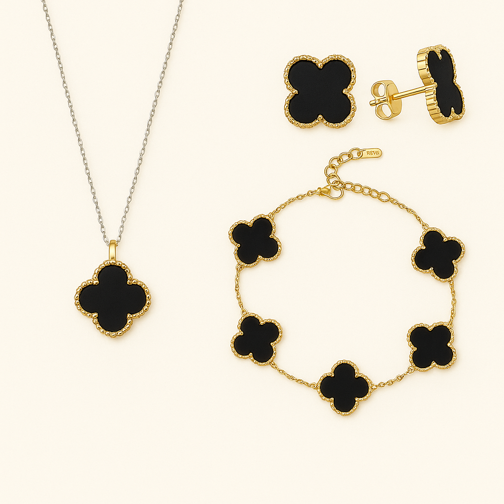 Bruce & Co Black Clover Necklace Bracelet Earrings Set