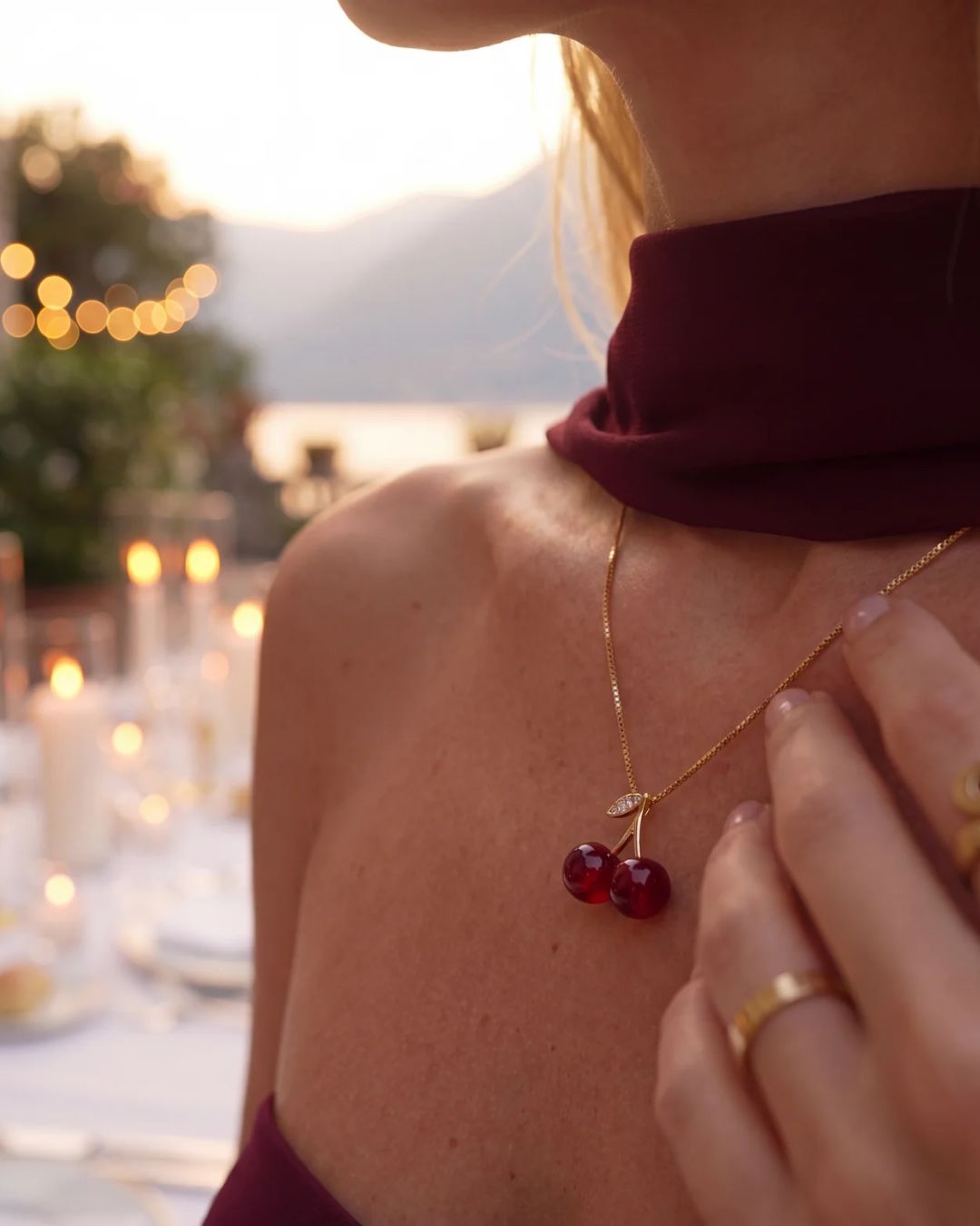 Bruce & Co Red Cherry Pendant Necklace, Gold-Plated Metal