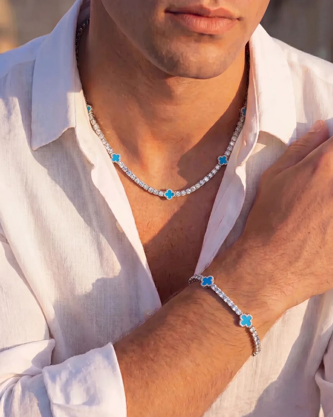 Azure Blue Clover Tennis Necklace, Silver-Plated