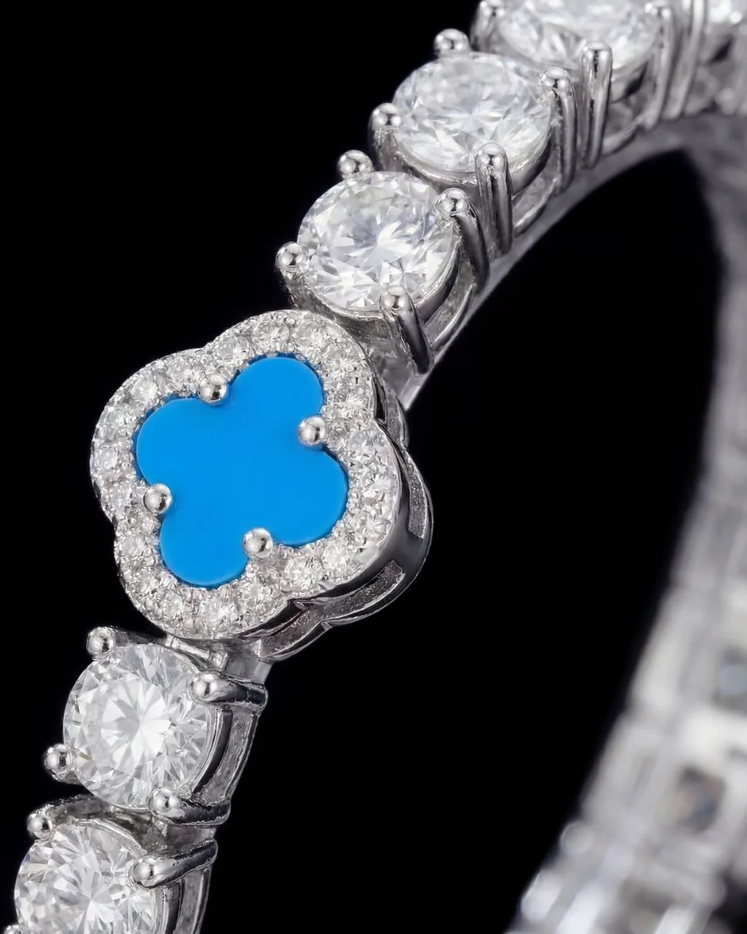 Azure Blue Clover Tennis Necklace, Silver-Plated