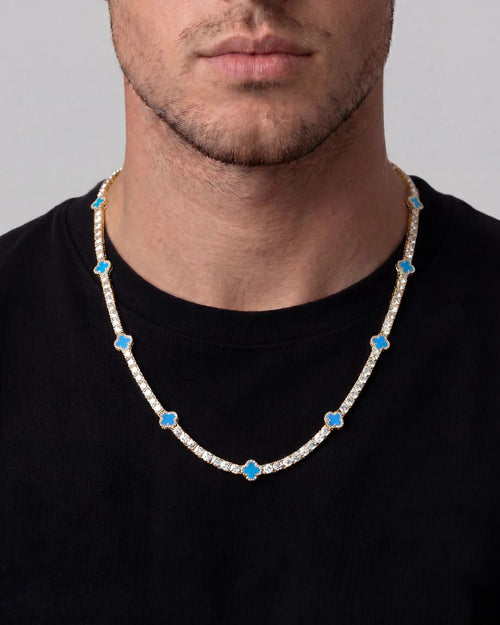 Azure Blue Clover Tennis Necklace, Gold-Plated