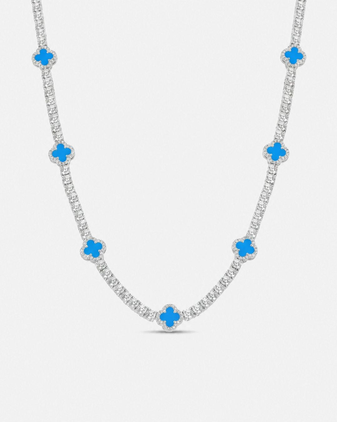 Azure Blue Clover Tennis Necklace, Silver-Plated