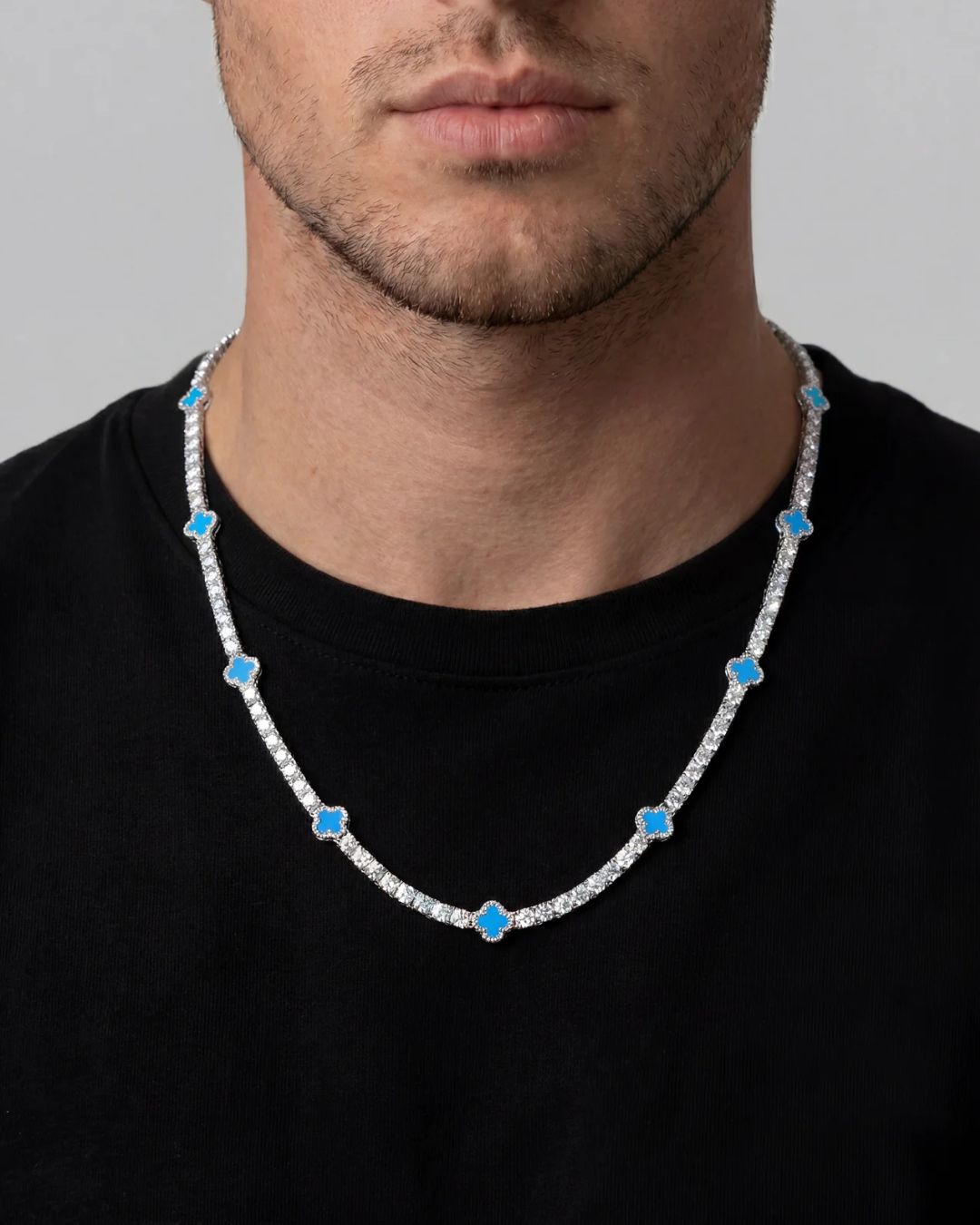Azure Blue Clover Tennis Necklace, Silver-Plated