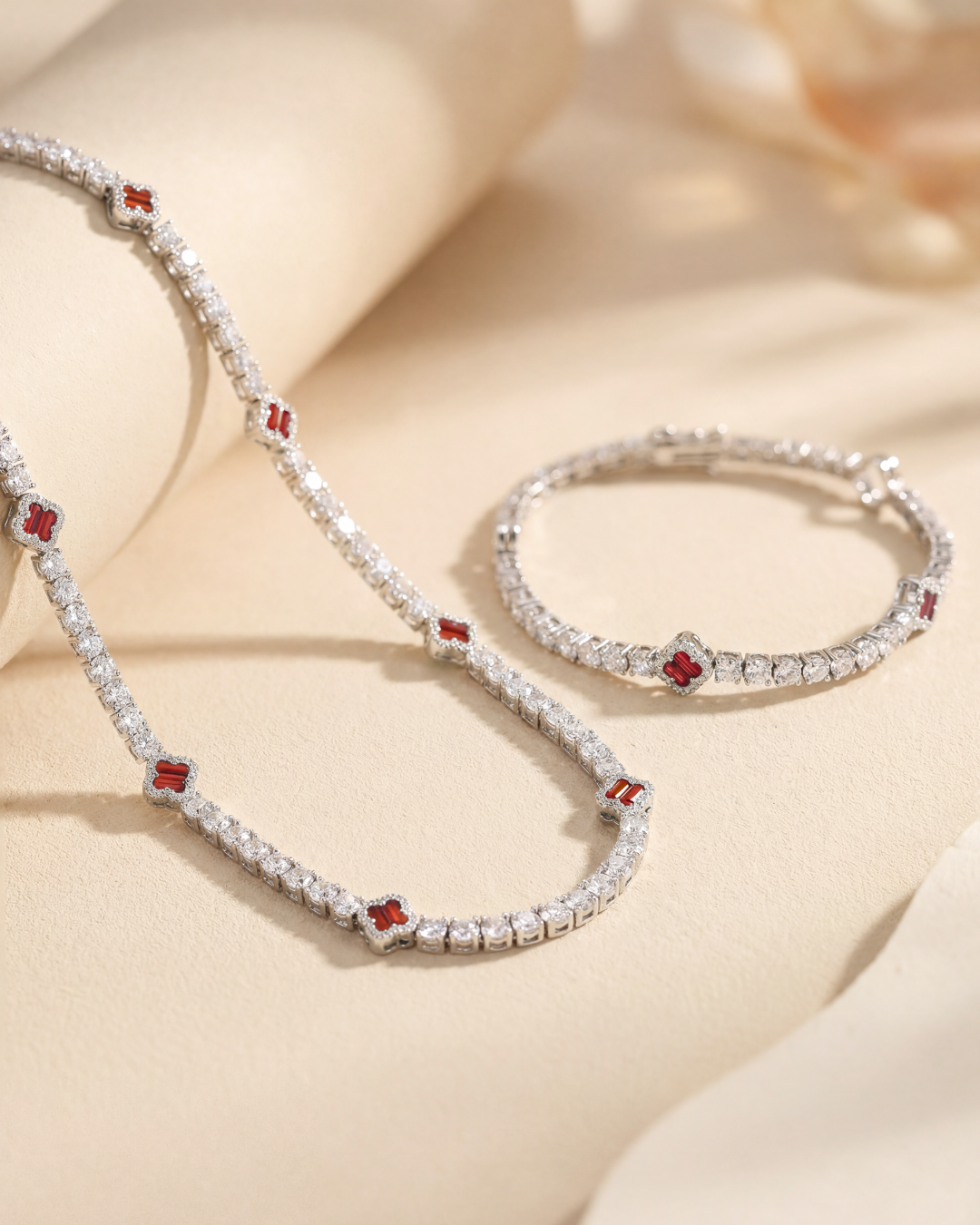 Bruce & Co Burgundy Red Clover Tennis Necklace, Silver-Plated