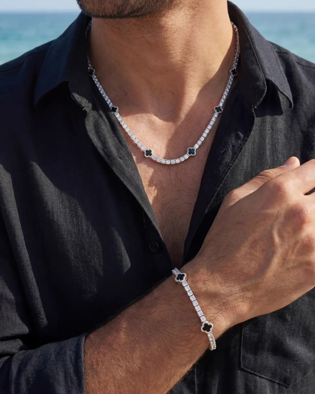 Bruce & Co Black Clover Tennis Necklace, Silver-Plated