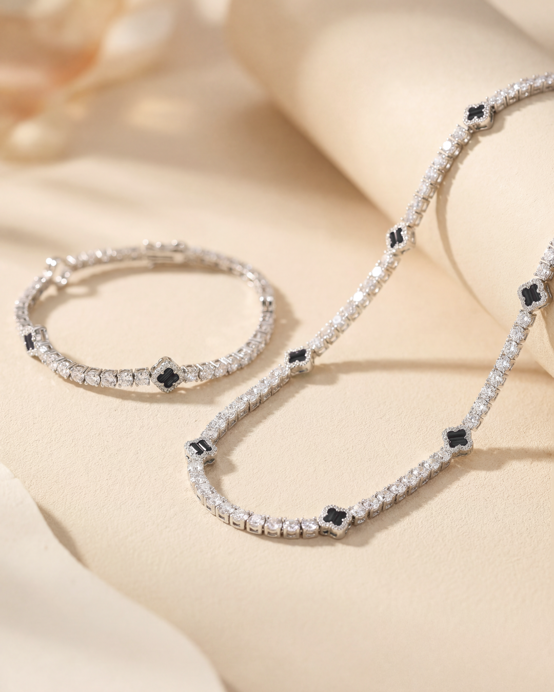 Bruce & Co Black Clover Tennis Necklace, Silver-Plated