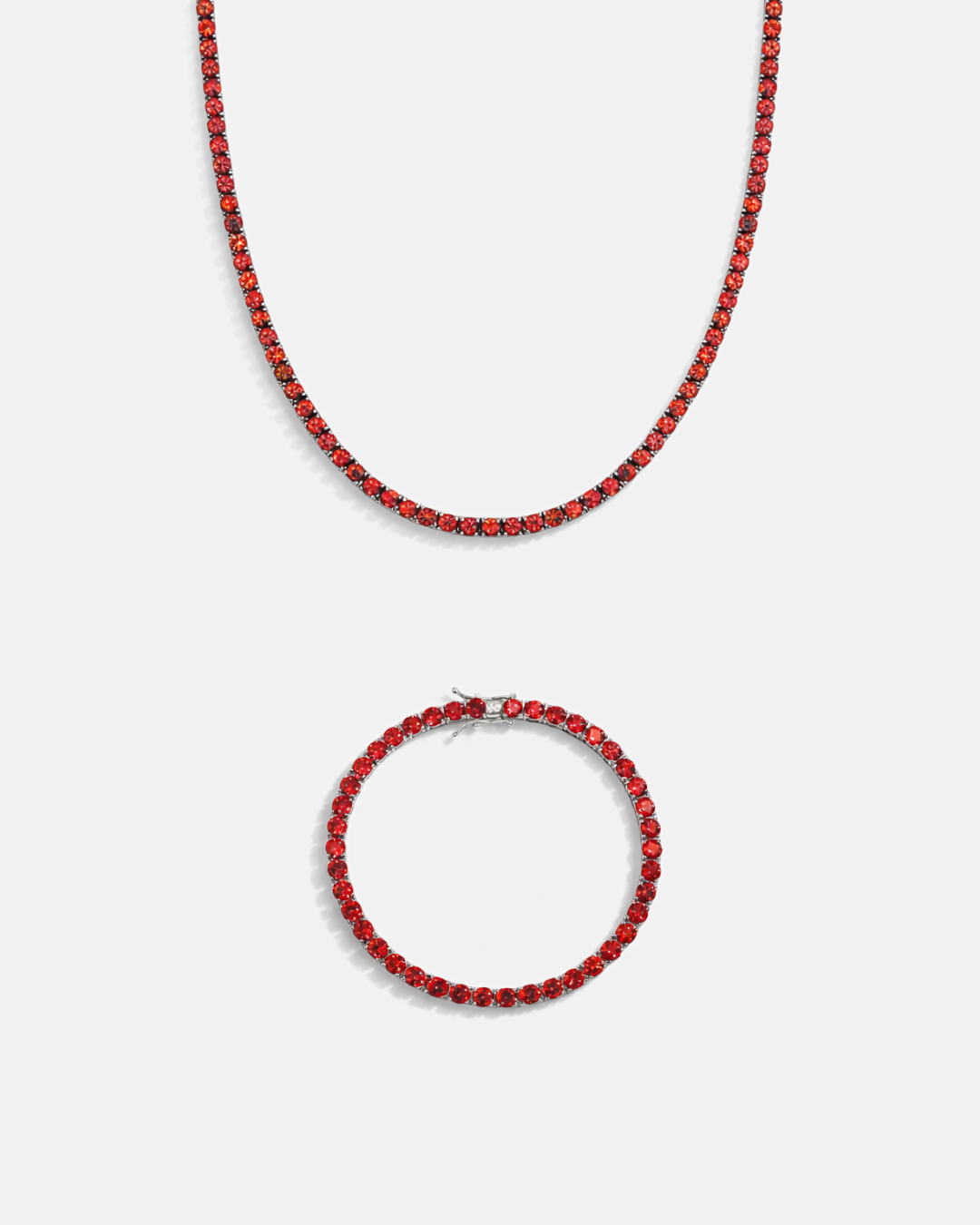 Bruce & Co Red Zircon Tennis Necklace and Bracelet Set, 4 mm, White-Gold-Plated