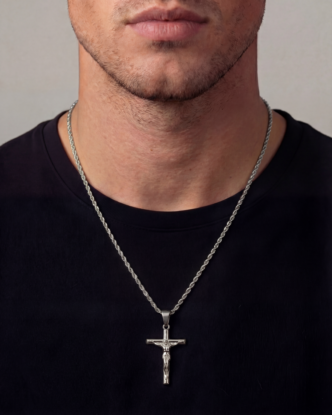 Bruce & Co Men’s Crucifix Pendant Rope Necklace, Silver-Tone Steel