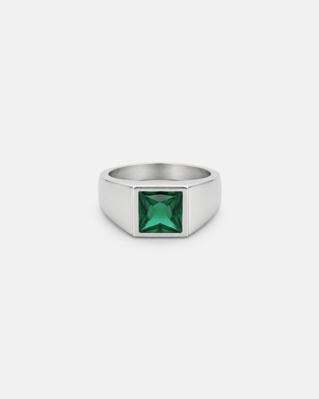 Bruce & Co Men’s Green Zirconia Square Signet Ring, Silver-Tone