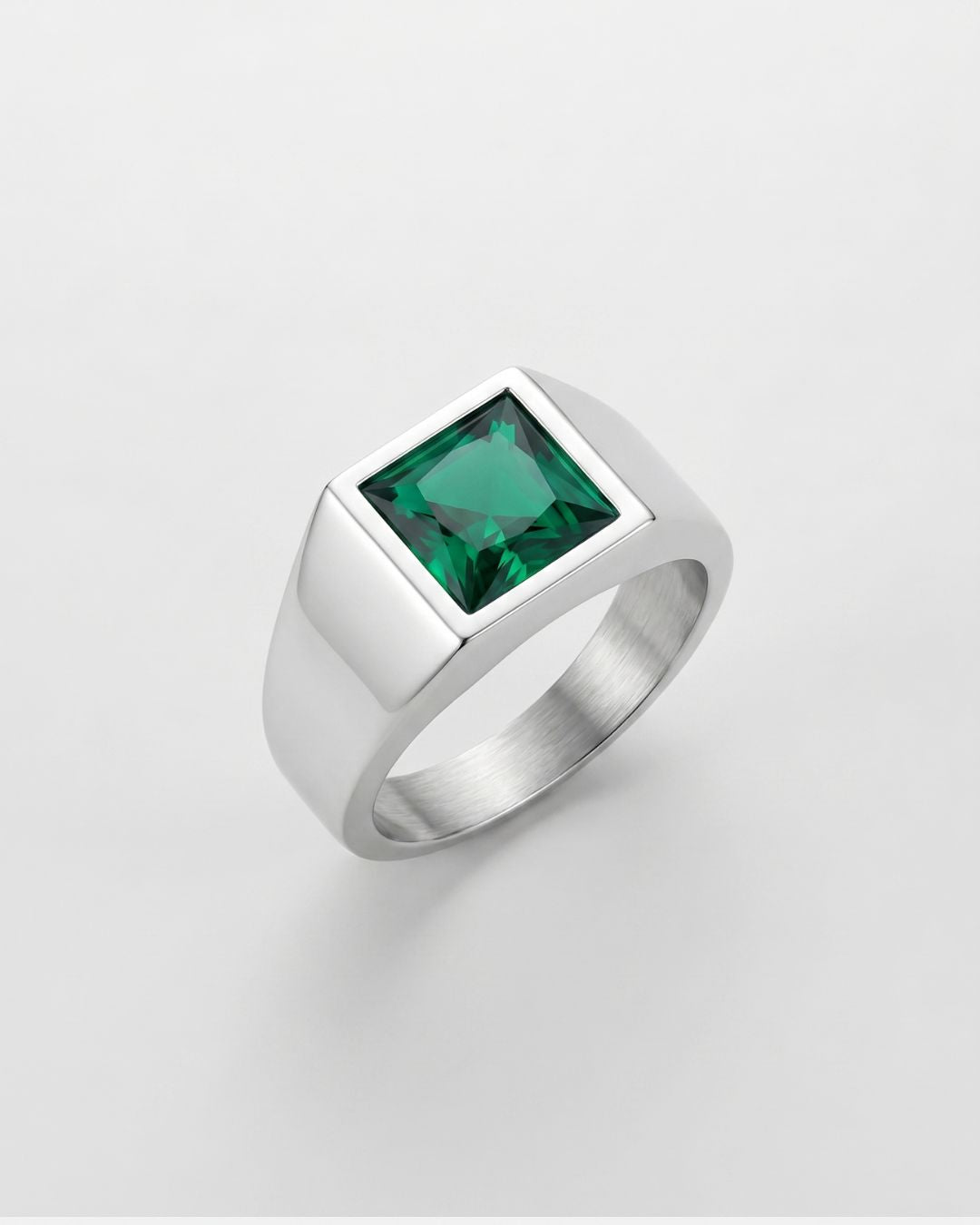 Bruce & Co Men’s Green Zirconia Square Signet Ring, Silver-Tone