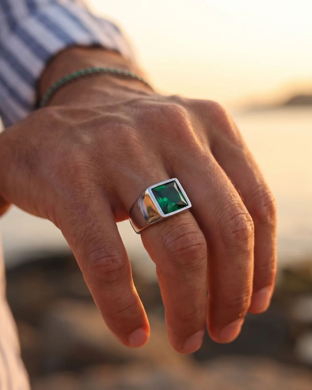 Bruce & Co Men’s Green Zirconia Square Signet Ring, Silver-Tone