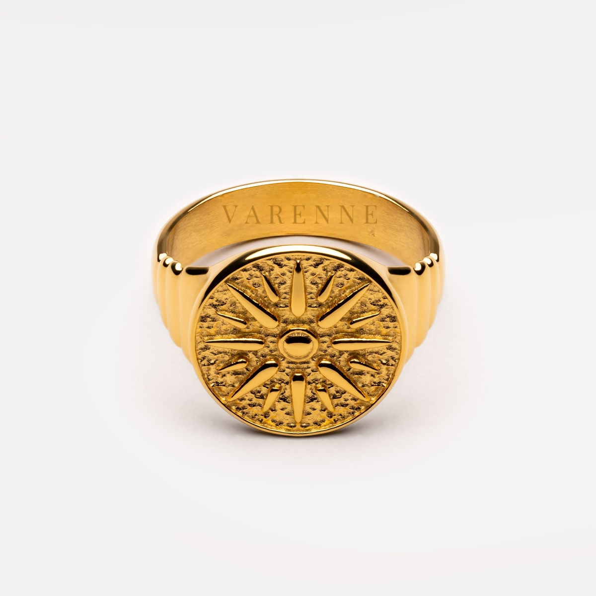 Bruce & Co Engraved Sun Disc Signet Ring, Steel